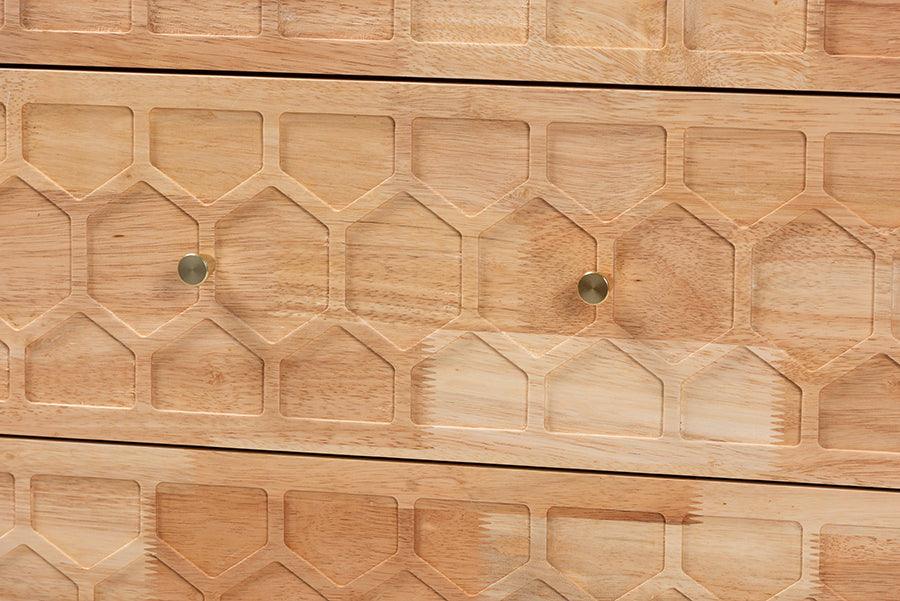 Baxton Studio Hosea Japandi Carved Honeycomb Natural 3-Drawer Chest FredCo