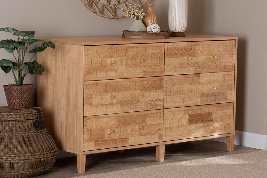 Baxton Studio Hosea Japandi Carved Honeycomb Natural 6-Drawer Dresser FredCo