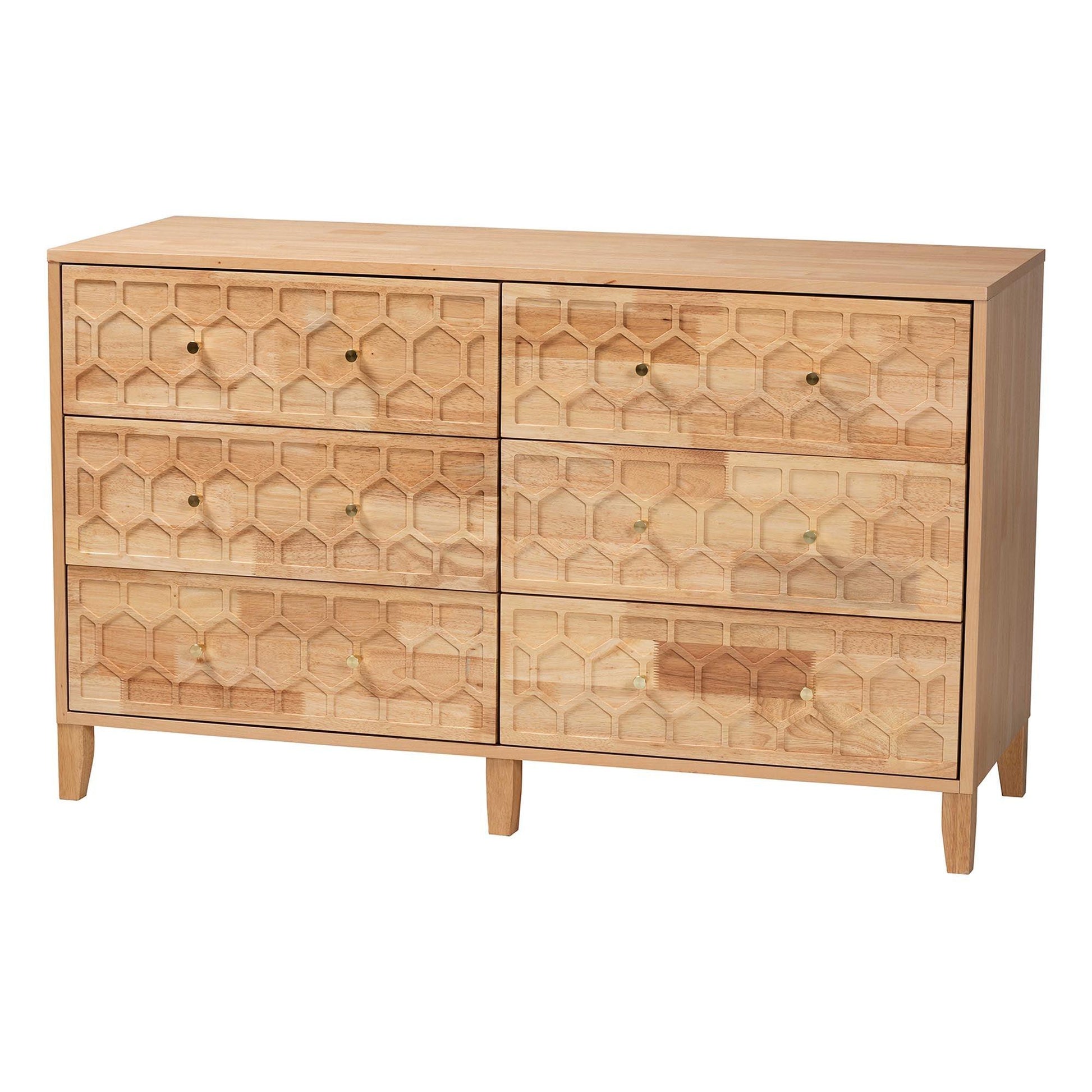 Baxton Studio Hosea Japandi Carved Honeycomb Natural 6-Drawer Dresser FredCo