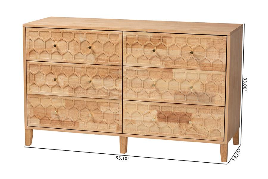 Baxton Studio Hosea Japandi Carved Honeycomb Natural 6-Drawer Dresser FredCo