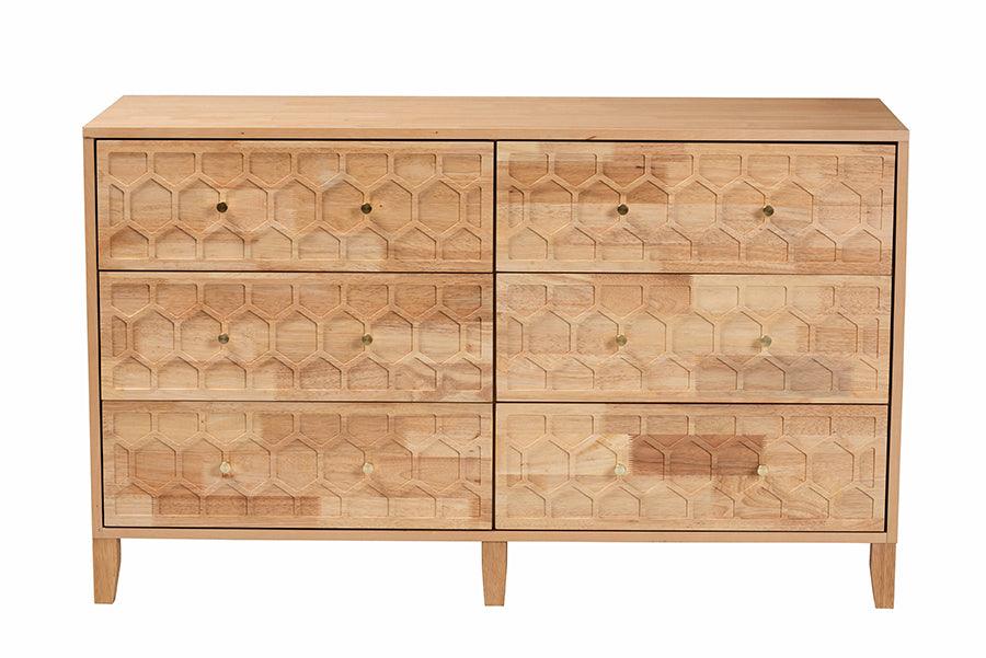 Baxton Studio Hosea Japandi Carved Honeycomb Natural 6-Drawer Dresser FredCo