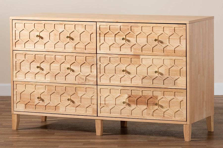 Baxton Studio Hosea Japandi Carved Honeycomb Natural 6-Drawer Dresser FredCo