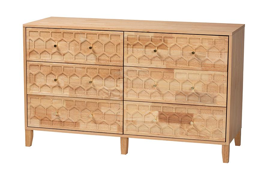 Baxton Studio Hosea Japandi Carved Honeycomb Natural 6-Drawer Dresser FredCo