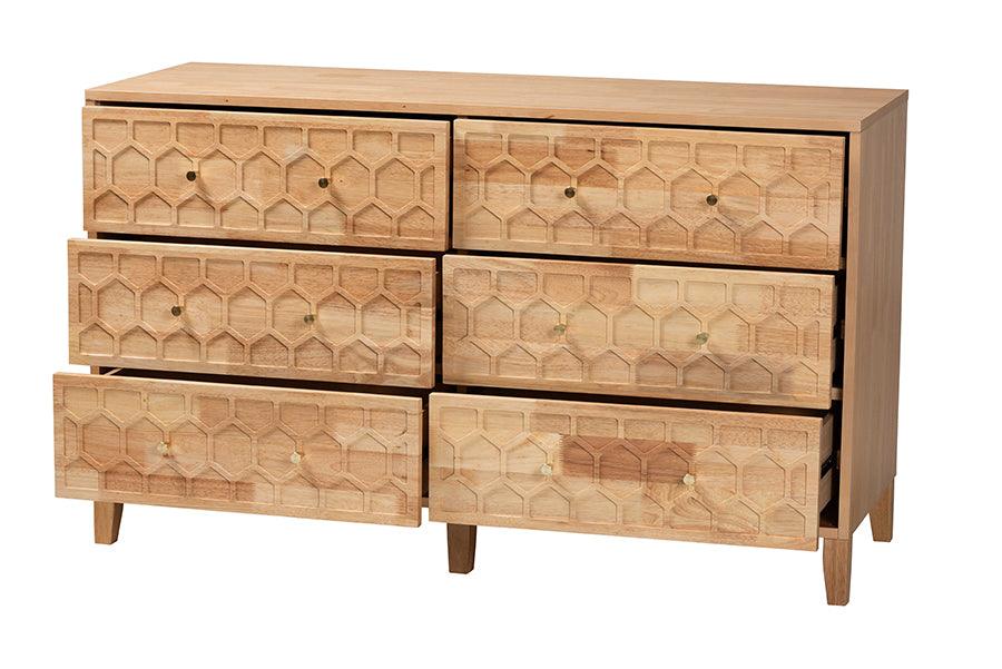 Baxton Studio Hosea Japandi Carved Honeycomb Natural 6-Drawer Dresser FredCo