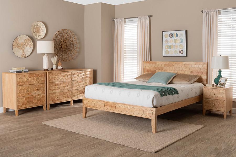 Baxton Studio Hosea Japandi Carved Honeycomb Natural King Size 4-Piece Bedroom Set FredCo
