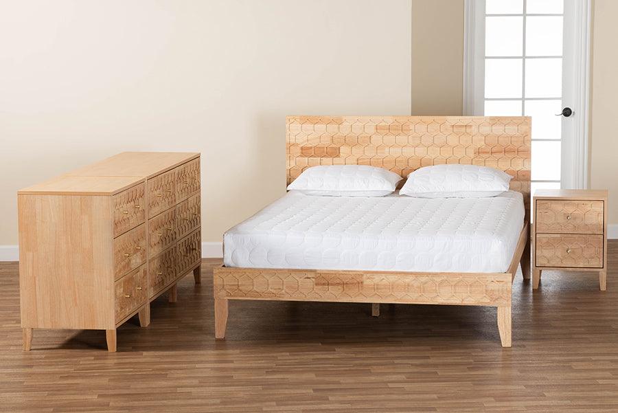 Baxton Studio Hosea Japandi Carved Honeycomb Natural King Size 4-Piece Bedroom Set FredCo