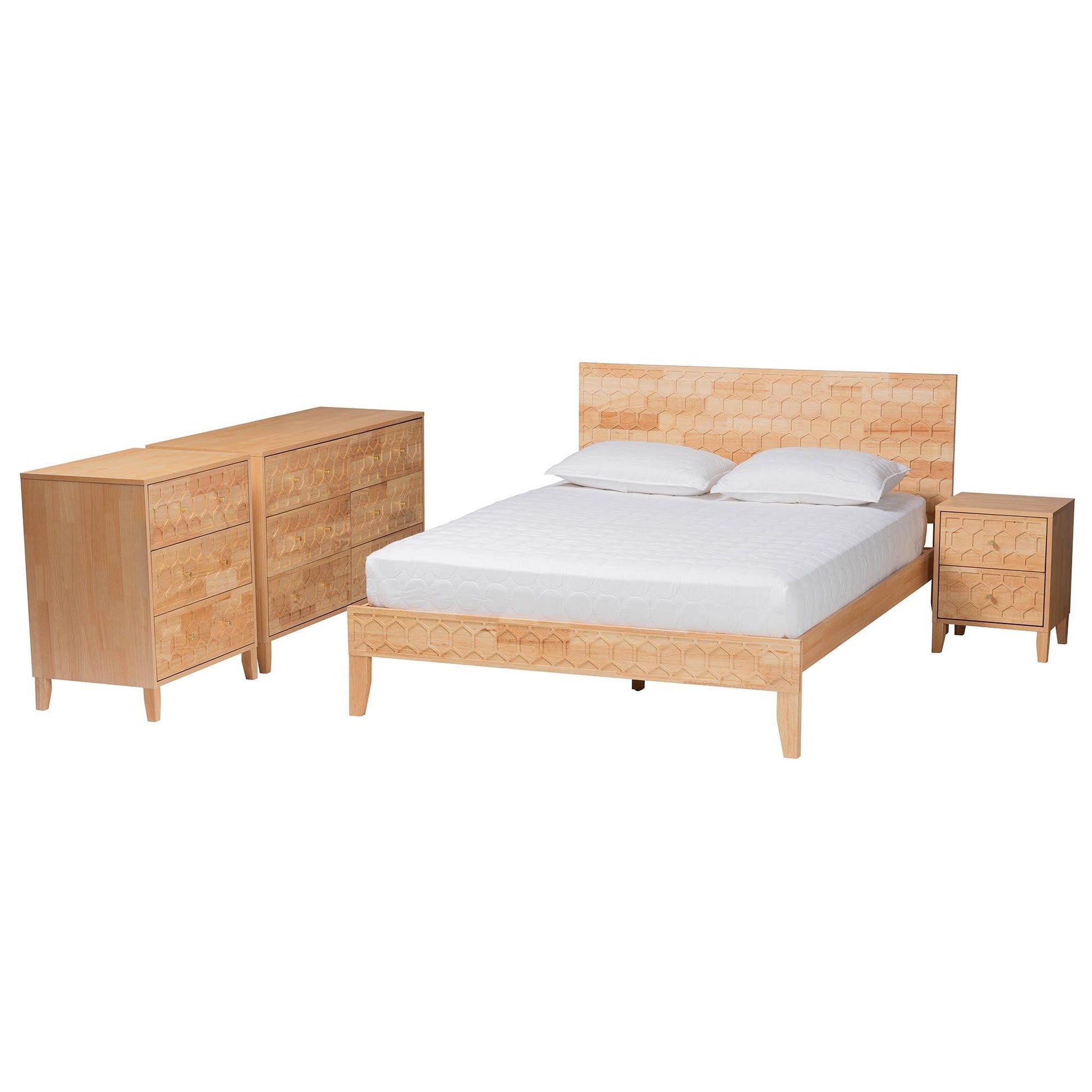 Baxton Studio Hosea Japandi Carved Honeycomb Natural King Size 4-Piece Bedroom Set FredCo
