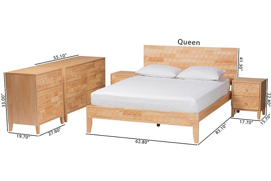 Baxton Studio Hosea Japandi Carved Honeycomb Natural King Size 5-Piece Bedroom Set FredCo