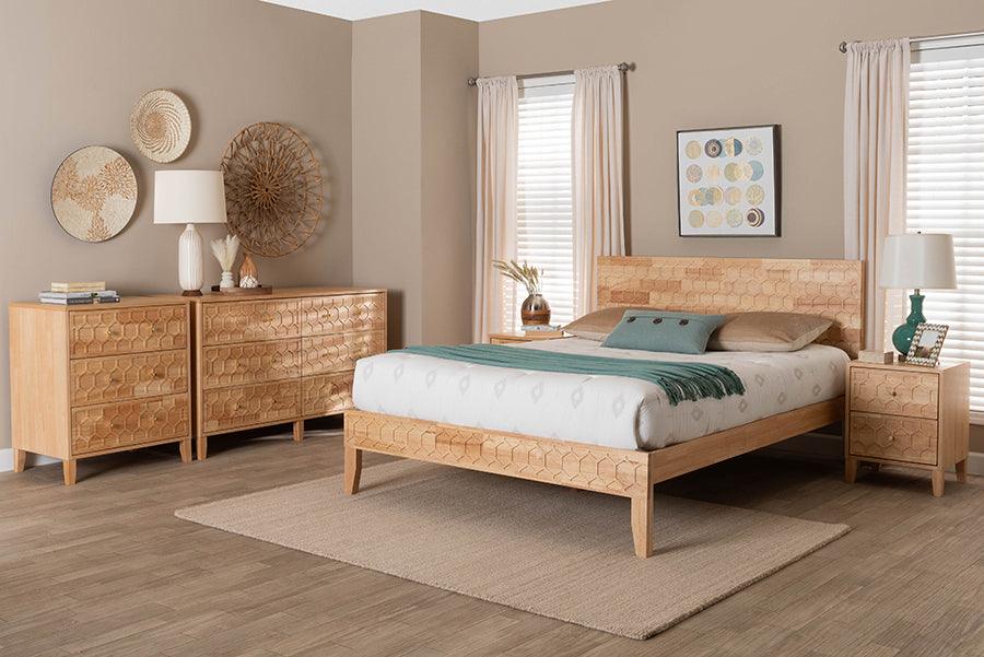Baxton Studio Hosea Japandi Carved Honeycomb Natural King Size 5-Piece Bedroom Set FredCo