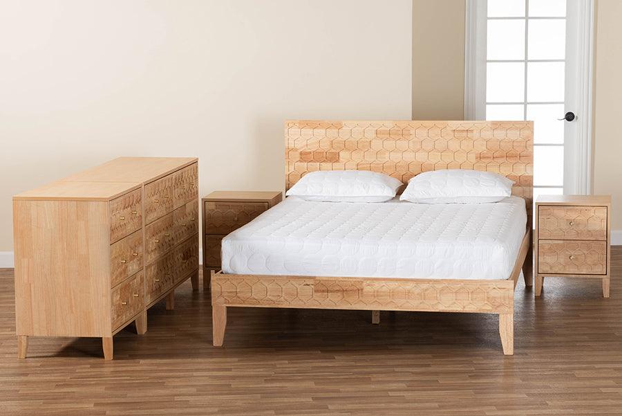 Baxton Studio Hosea Japandi Carved Honeycomb Natural King Size 5-Piece Bedroom Set FredCo