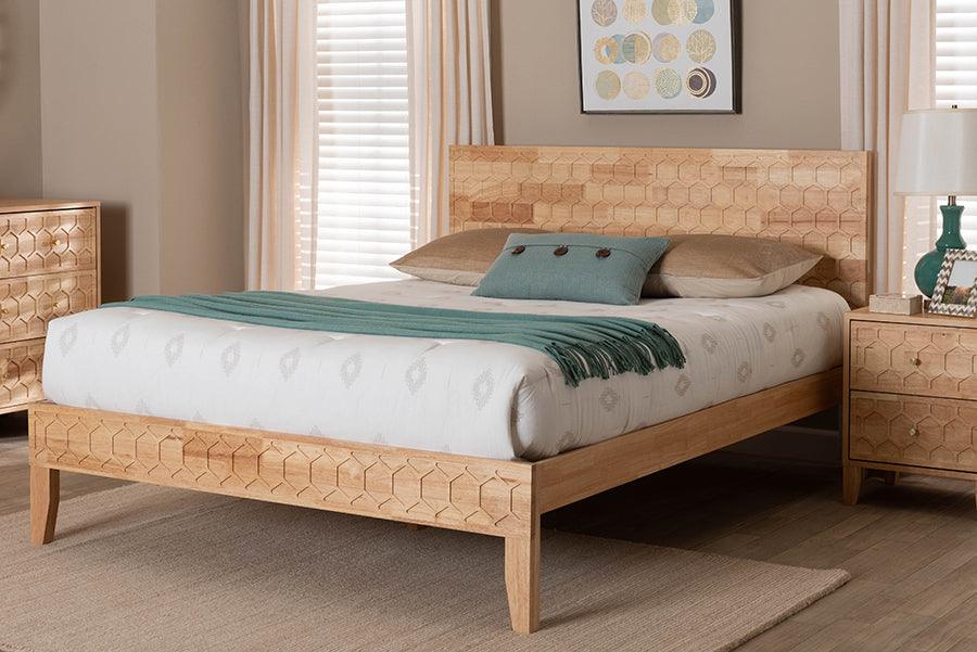 Baxton Studio Hosea Japandi Carved Honeycomb Natural King Size Platform Bed FredCo