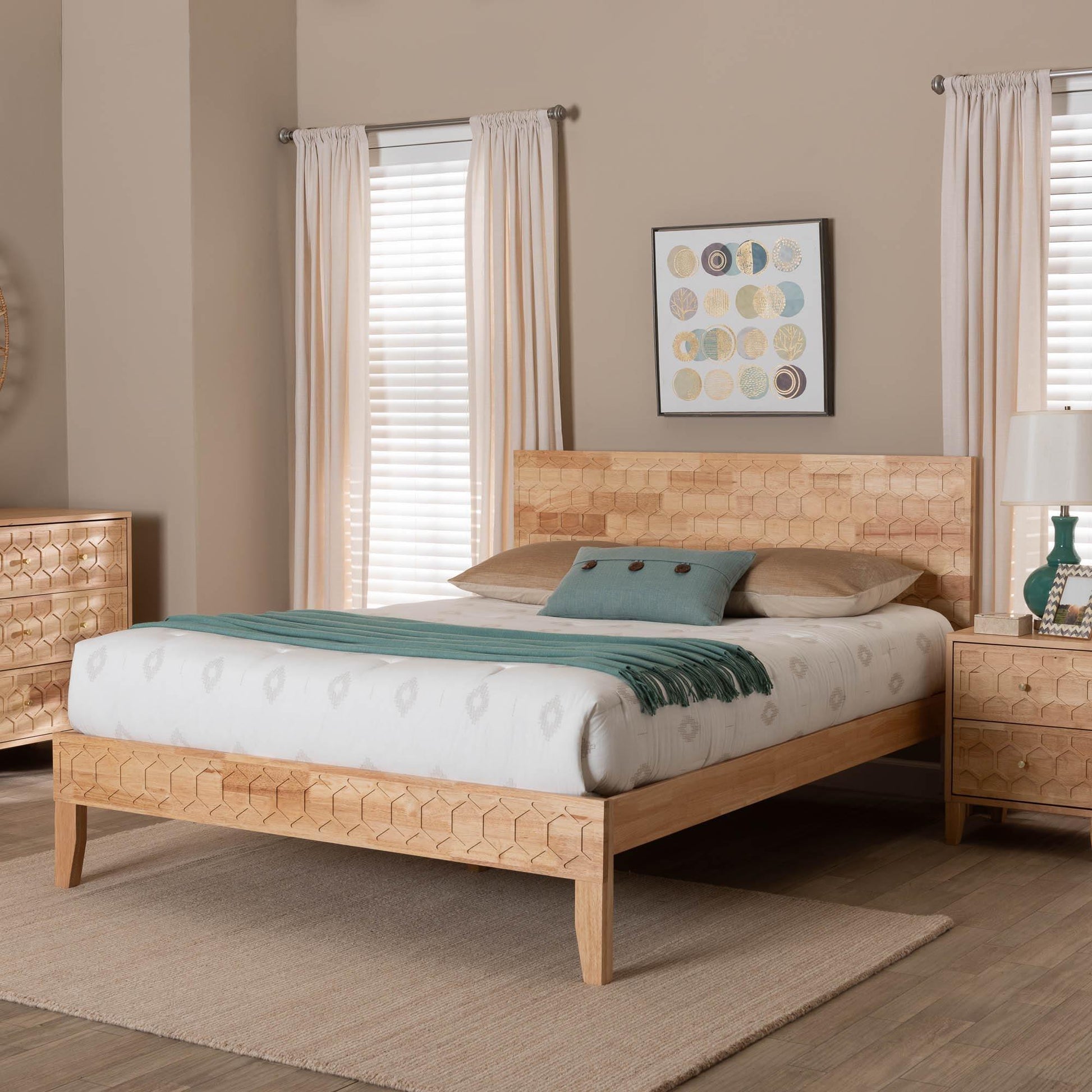 Baxton Studio Hosea Japandi Carved Honeycomb Natural King Size Platform Bed FredCo