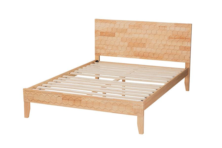 Baxton Studio Hosea Japandi Carved Honeycomb Natural King Size Platform Bed FredCo