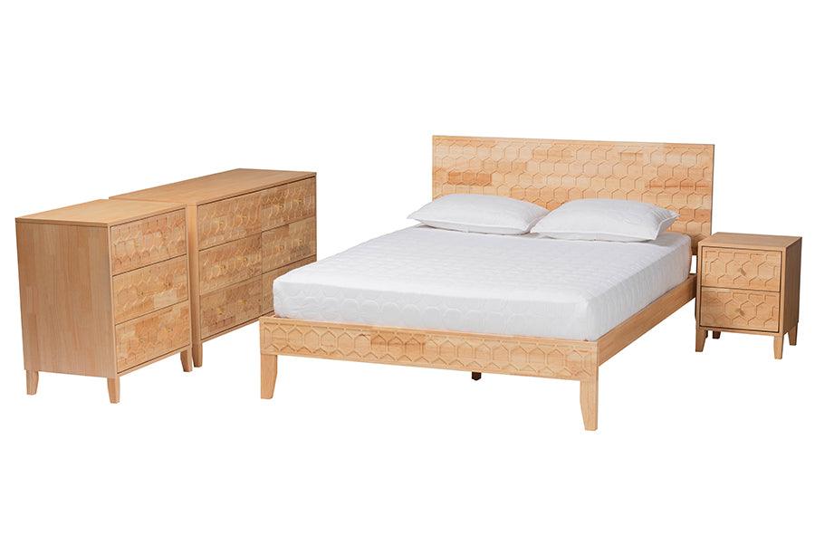Baxton Studio Hosea Japandi Carved Honeycomb Natural Queen Size 4-Piece Bedroom Set FredCo