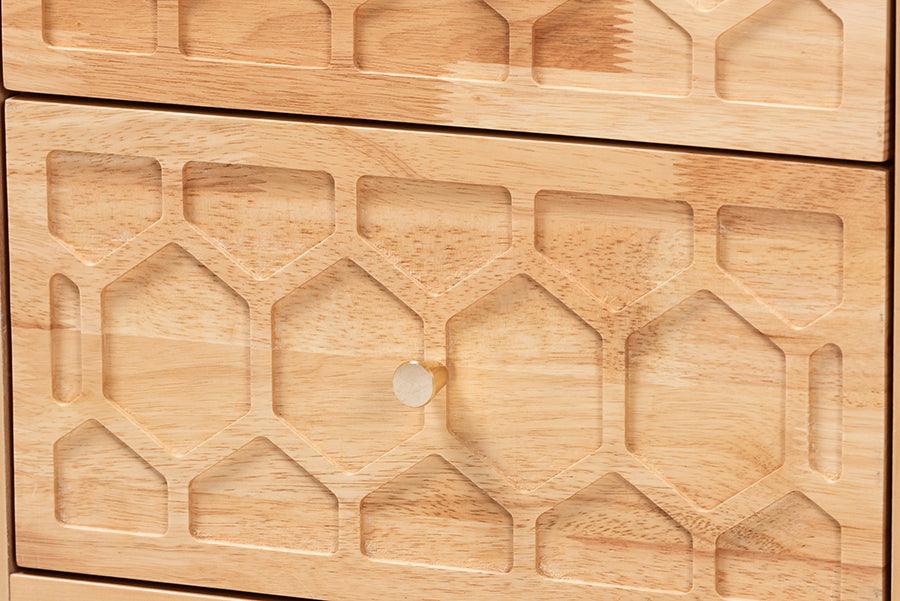 Baxton Studio Hosea Japandi Carved Honeycomb Natural Queen Size 4-Piece Bedroom Set FredCo