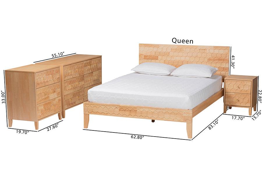 Baxton Studio Hosea Japandi Carved Honeycomb Natural Queen Size 4-Piece Bedroom Set FredCo