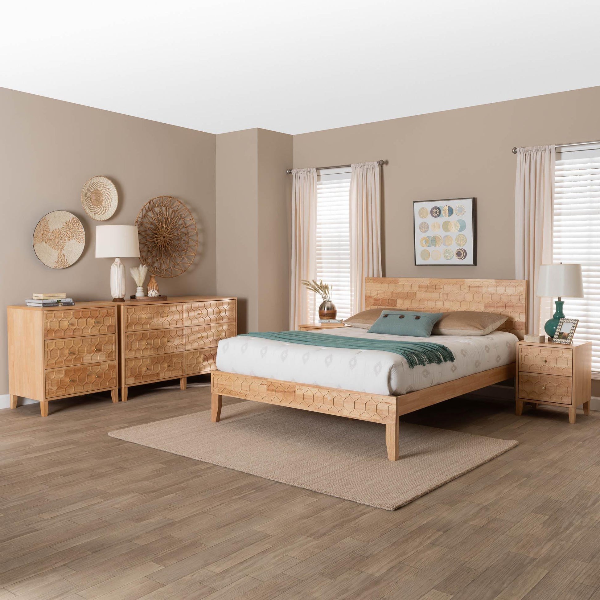 Baxton Studio Hosea Japandi Carved Honeycomb Natural Queen Size 5-Piece Bedroom Set FredCo