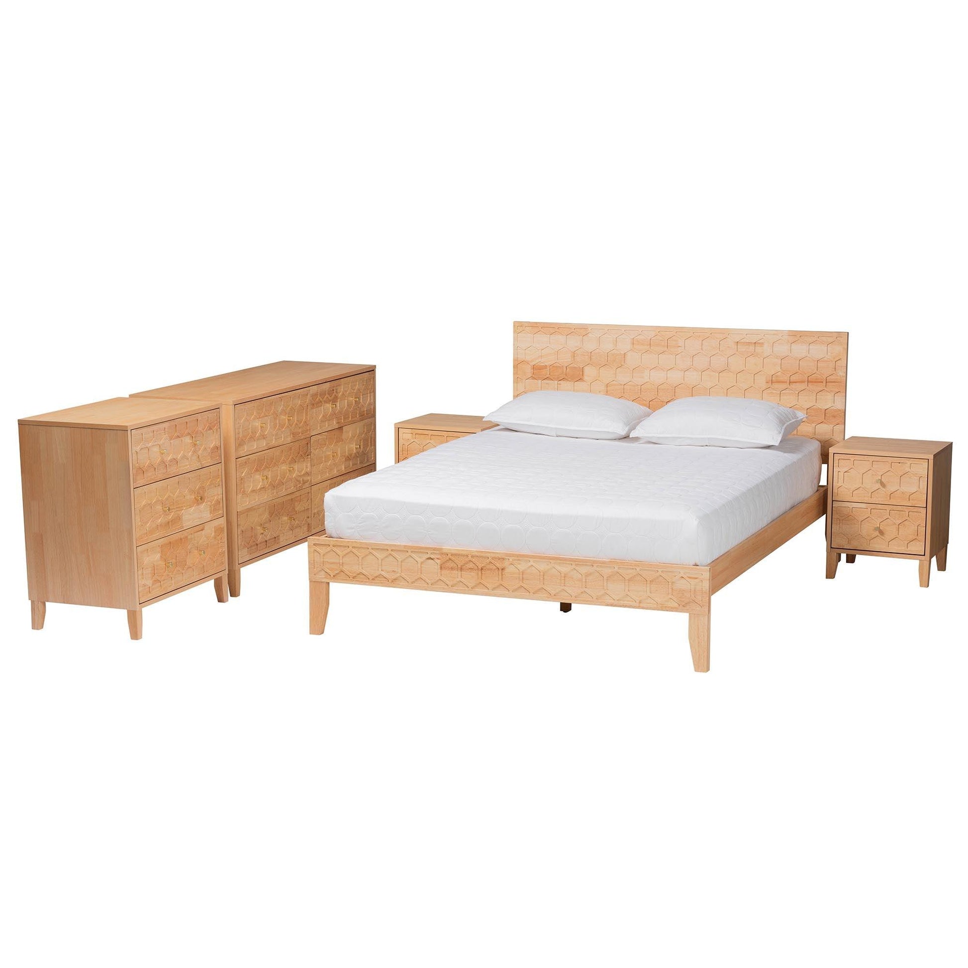 Baxton Studio Hosea Japandi Carved Honeycomb Natural Queen Size 5-Piece Bedroom Set FredCo