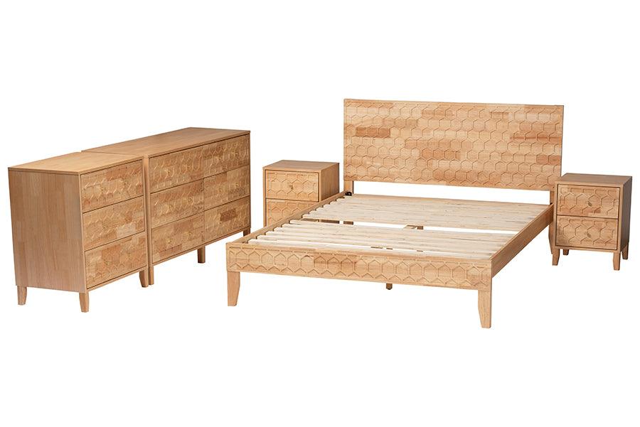 Baxton Studio Hosea Japandi Carved Honeycomb Natural Queen Size 5-Piece Bedroom Set FredCo