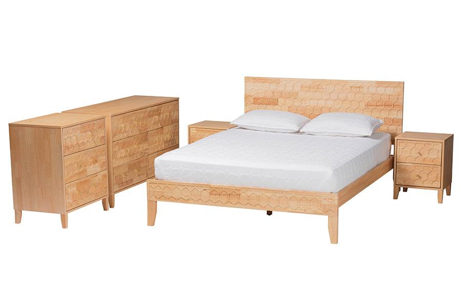 Baxton Studio Hosea Japandi Carved Honeycomb Natural Queen Size 5-Piece Bedroom Set FredCo