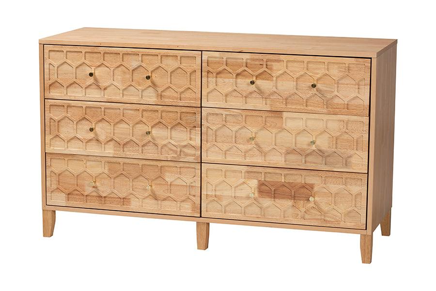 Baxton Studio Hosea Japandi Carved Honeycomb Natural Queen Size 5-Piece Bedroom Set FredCo