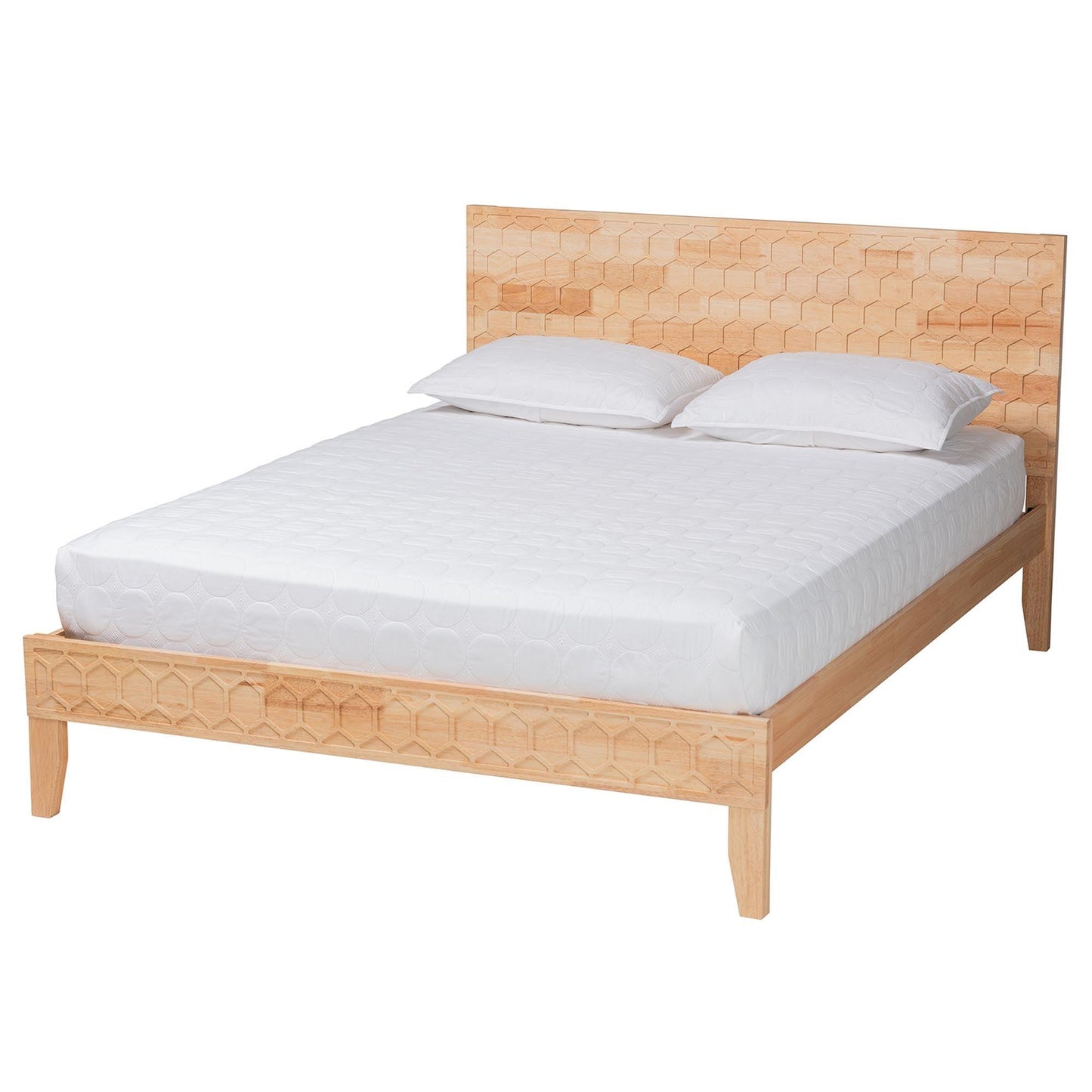 Baxton Studio Hosea Japandi Carved Honeycomb Natural Queen Size Platform Bed FredCo