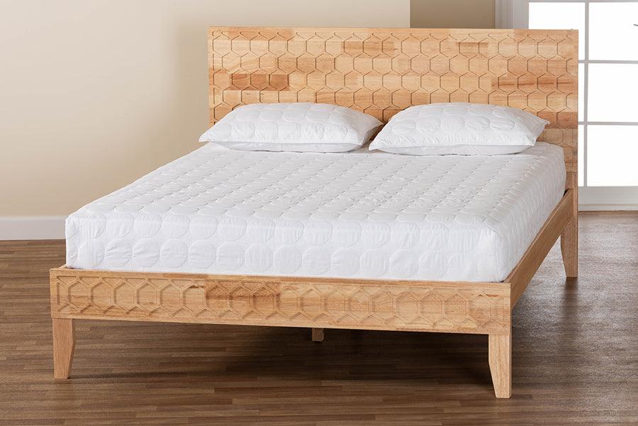 Baxton Studio Hosea Japandi Carved Honeycomb Natural Queen Size Platform Bed FredCo