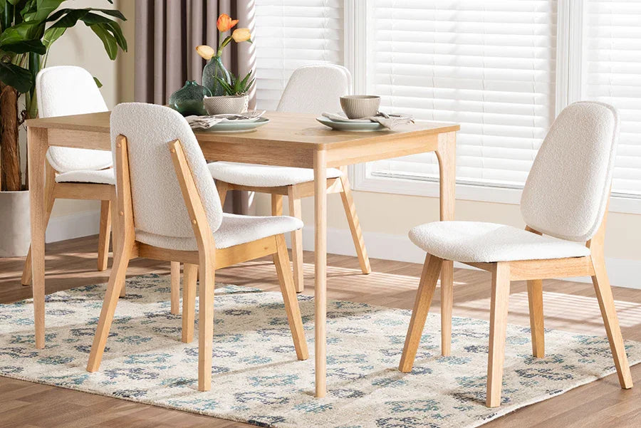 Baxton Studio Hudson 5-Piece Dining Set - Solid Wood Rectangular Table with Boucle Upholstered Chairs, Mid-Century Modern Dining Furniture for Kitchen or Dining Room, Natural and White FredCo