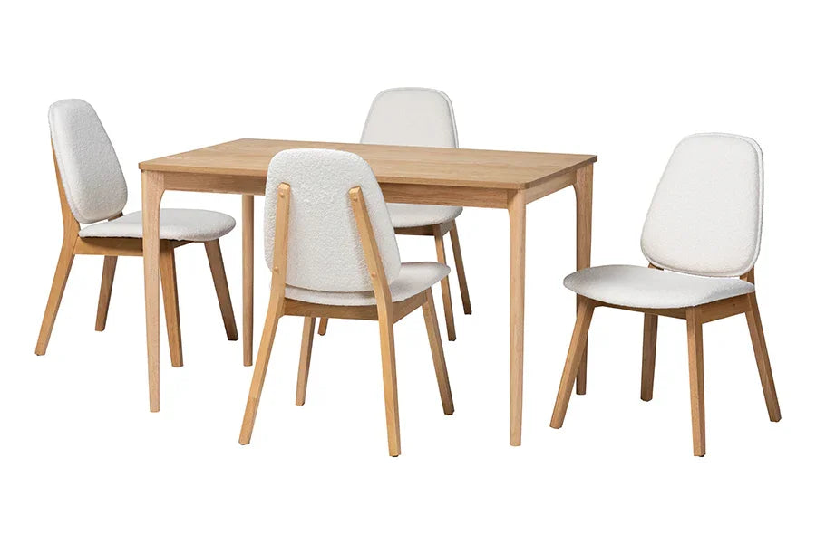 Baxton Studio Hudson 5-Piece Dining Set - Solid Wood Rectangular Table with Boucle Upholstered Chairs, Mid-Century Modern Dining Furniture for Kitchen or Dining Room, Natural and White FredCo
