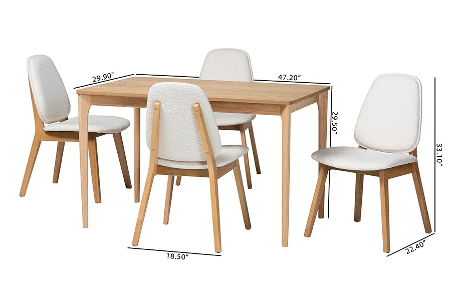 Baxton Studio Hudson 5-Piece Dining Set - Solid Wood Rectangular Table with Boucle Upholstered Chairs, Mid-Century Modern Dining Furniture for Kitchen or Dining Room, Natural and White FredCo