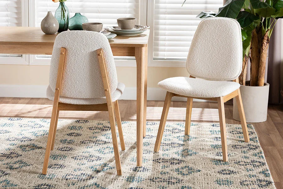 Baxton Studio Hudson Boucle Upholstered Dining Chair Set of 2- Mid-Century Modern Side Chair with Solid Wood Frame and Rounded Backrest, Natural and White FredCo