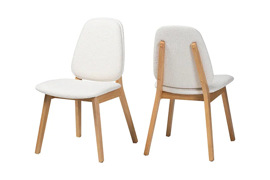 Baxton Studio Hudson Boucle Upholstered Dining Chair Set of 2- Mid-Century Modern Side Chair with Solid Wood Frame and Rounded Backrest, Natural and White FredCo