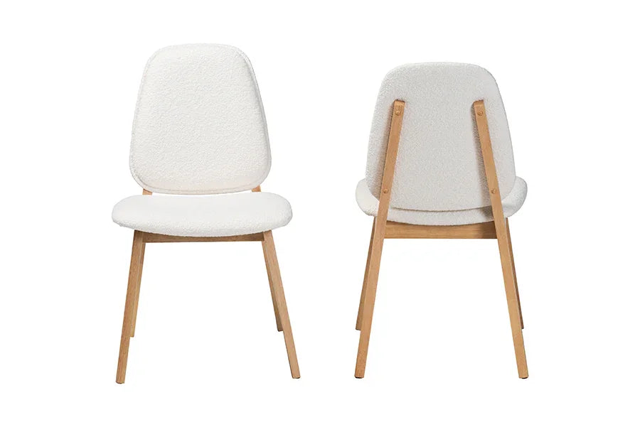 Baxton Studio Hudson Boucle Upholstered Dining Chair Set of 2- Mid-Century Modern Side Chair with Solid Wood Frame and Rounded Backrest, Natural and White FredCo