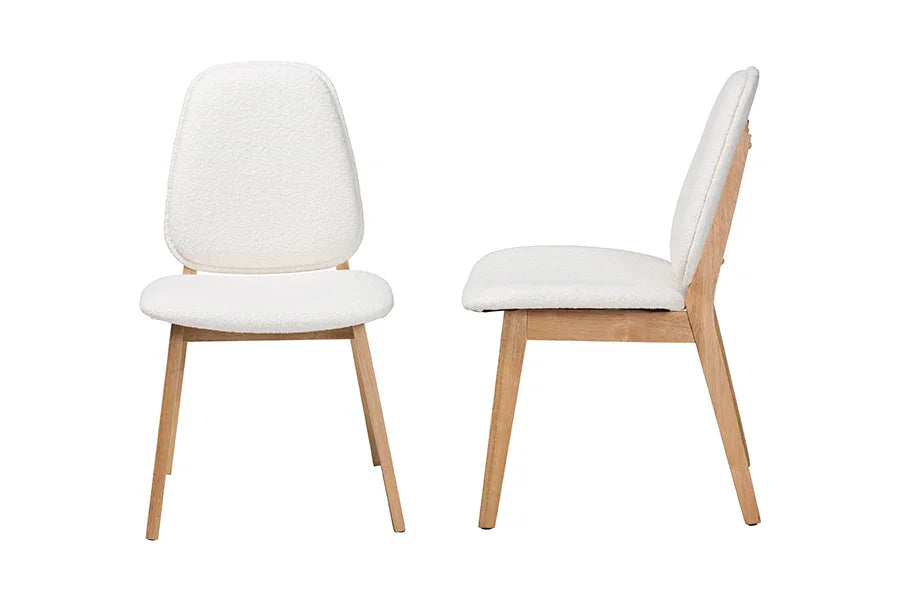 Baxton Studio Hudson Boucle Upholstered Dining Chair Set of 2- Mid-Century Modern Side Chair with Solid Wood Frame and Rounded Backrest, Natural and White FredCo