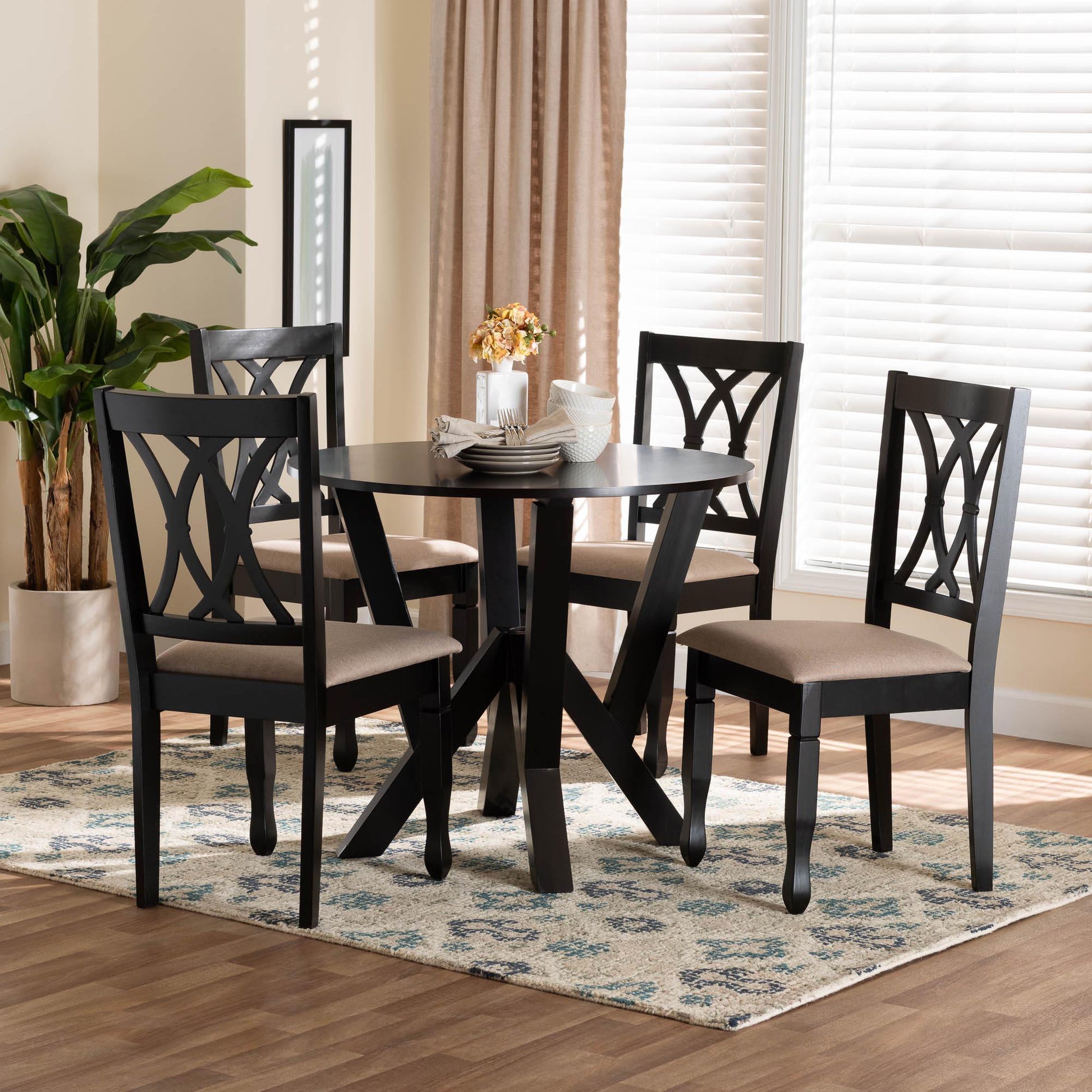 Baxton Studio Irene Modern Sand Fabric and Dark Brown Finished Wood 5-Piece Dining Set FredCo