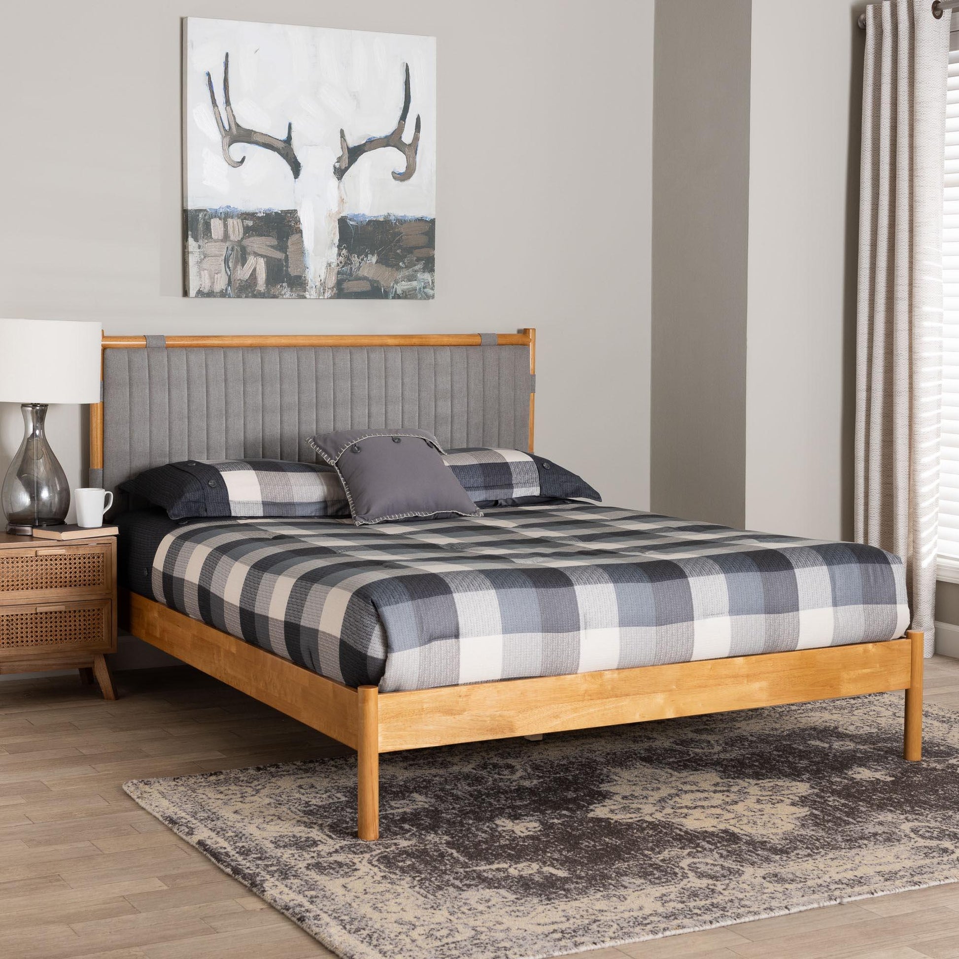 Baxton Studio Jaiana Mid-Century Grey Fabric and Oak Brown Wood Queen Size Bed FredCo