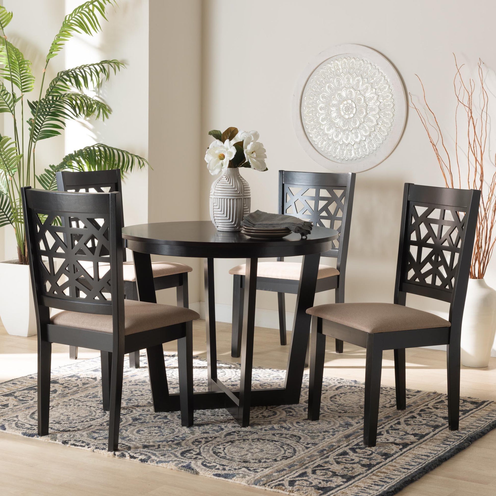 Baxton Studio Jamie Moden Beige Fabric and Dark Brown Finished Wood 5-Piece Dining Set FredCo