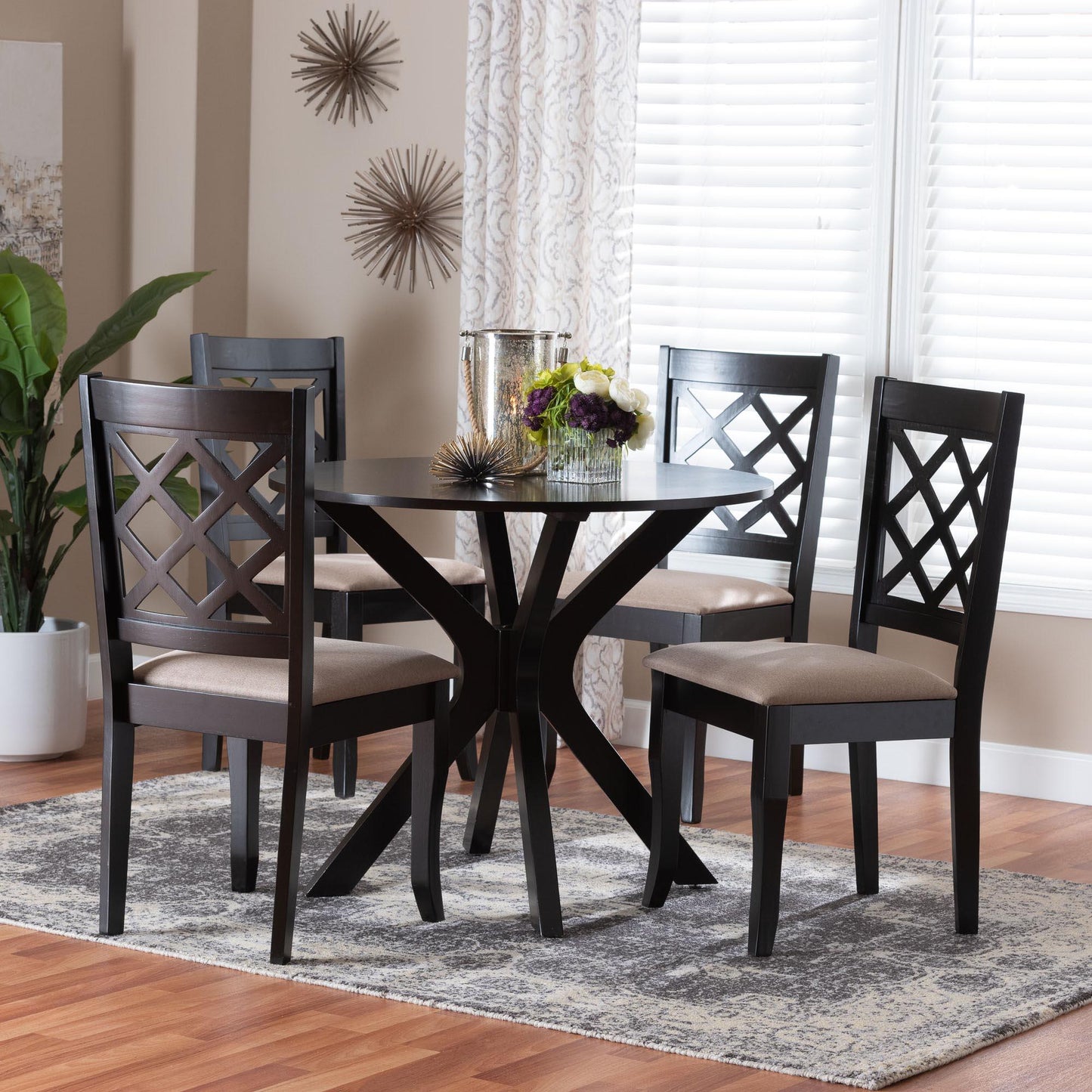 Baxton Studio Jana Modern Sand Fabric and Espresso Brown Wood 5-Piece Dining Set FredCo