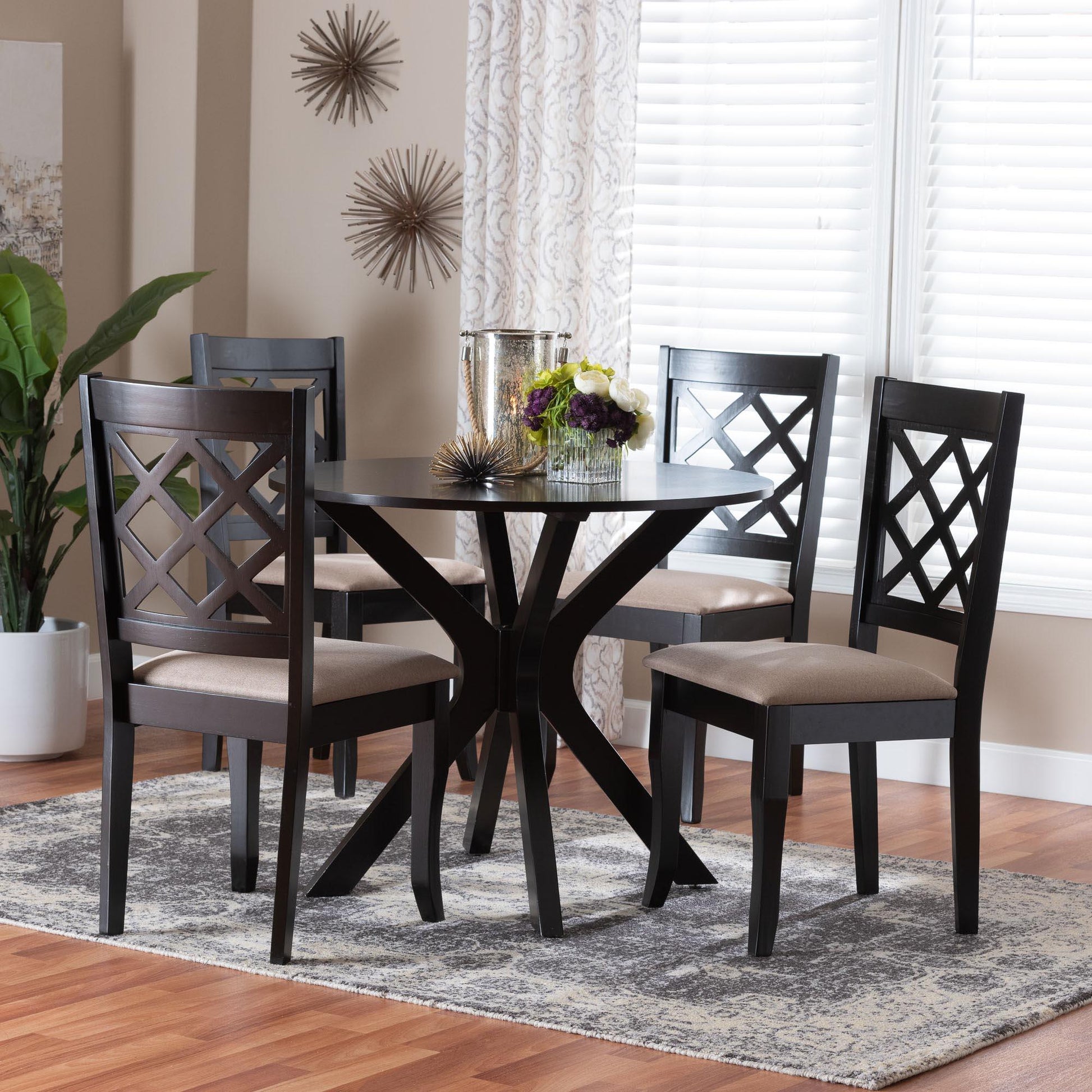 Baxton Studio Jana Modern Sand Fabric and Espresso Brown Wood 5-Piece Dining Set FredCo