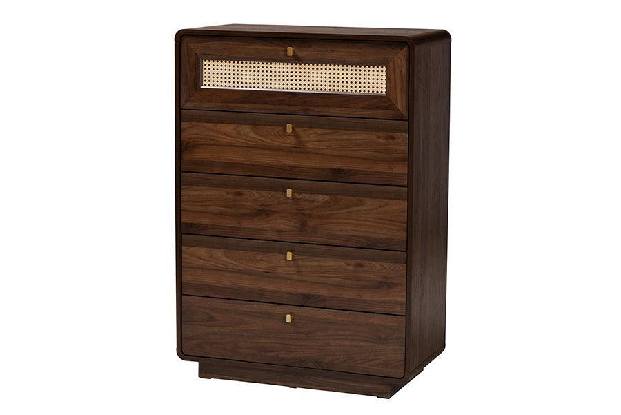 Baxton Studio Jenibelle Classic Walnut Brown Wood 5-Drawer Chest with Rattan Drawer FredCo