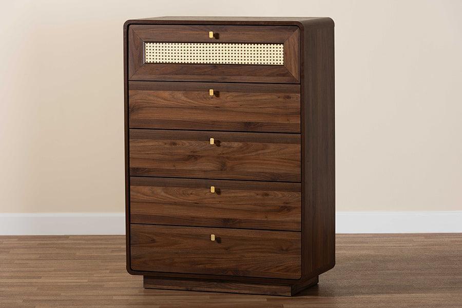 Baxton Studio Jenibelle Classic Walnut Brown Wood 5-Drawer Chest with Rattan Drawer FredCo