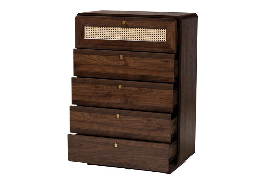 Baxton Studio Jenibelle Classic Walnut Brown Wood 5-Drawer Chest with Rattan Drawer FredCo