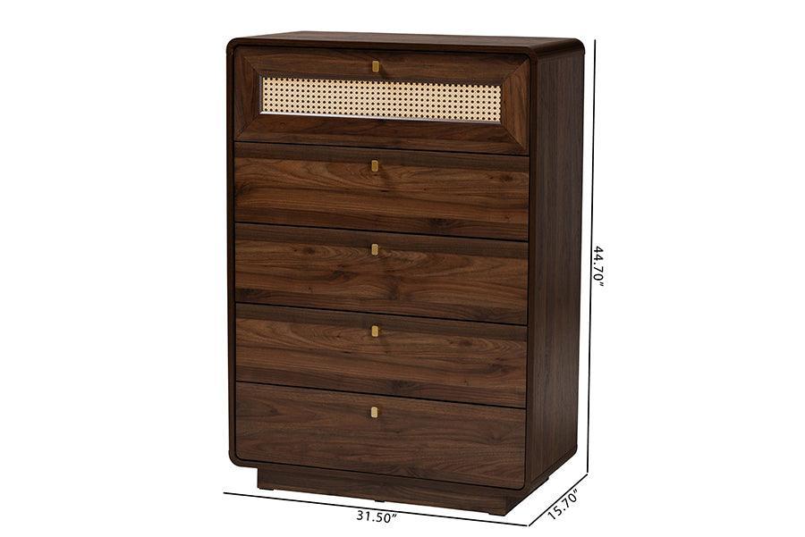 Baxton Studio Jenibelle Classic Walnut Brown Wood 5-Drawer Chest with Rattan Drawer FredCo