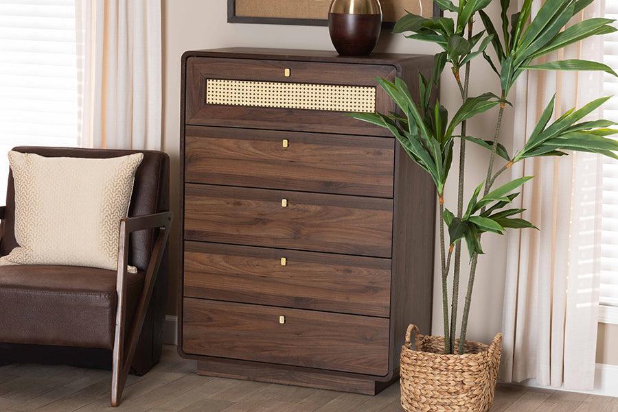 Baxton Studio Jenibelle Classic Walnut Brown Wood 5-Drawer Chest with Rattan Drawer FredCo