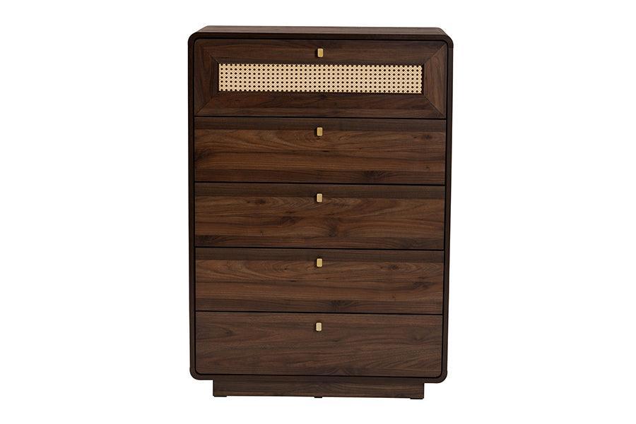 Baxton Studio Jenibelle Classic Walnut Brown Wood 5-Drawer Chest with Rattan Drawer FredCo