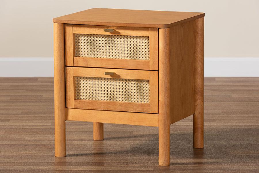 Baxton Studio Jenn Golden Brown Wood Japandi 2-Drawer Nightstand with Distressed-Finished Rattan FredCo