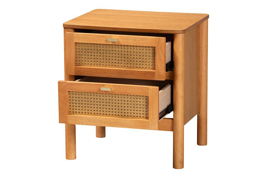 Baxton Studio Jenn Golden Brown Wood Japandi 2-Drawer Nightstand with Distressed-Finished Rattan FredCo
