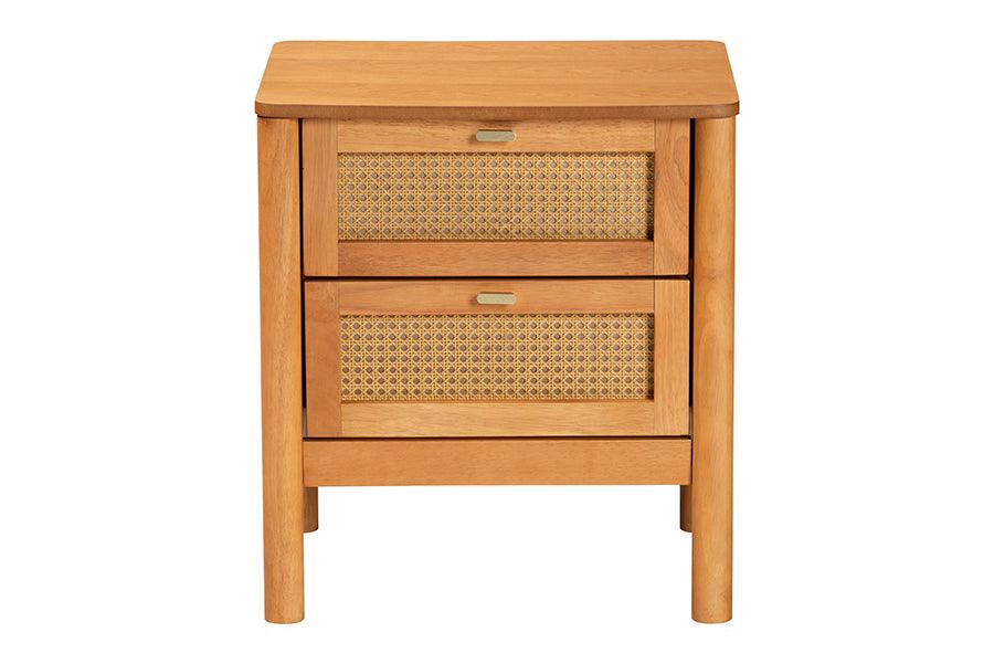 Baxton Studio Jenn Golden Brown Wood Japandi 2-Drawer Nightstand with Distressed-Finished Rattan FredCo