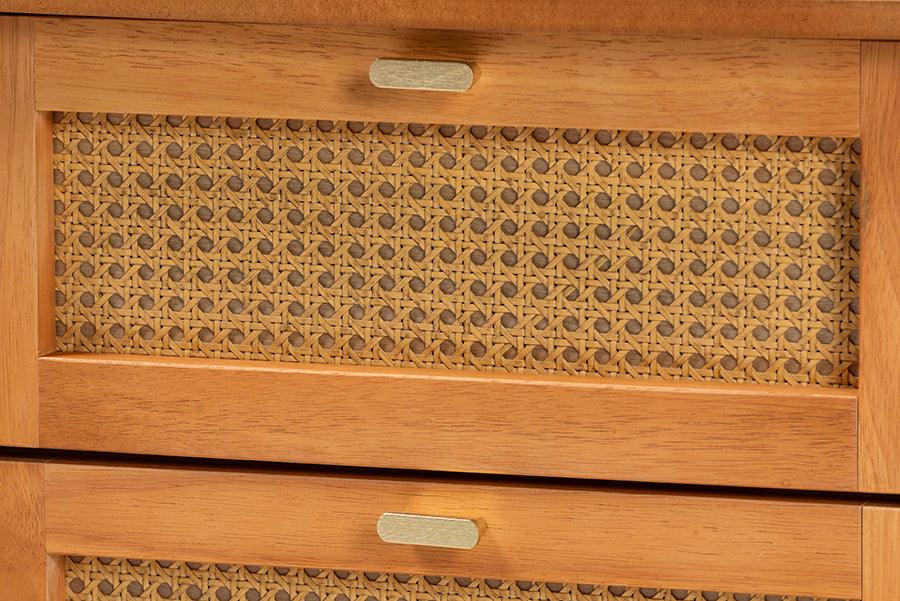 Baxton Studio Jenn Golden Brown Wood Japandi 2-Drawer Nightstand with Distressed-Finished Rattan FredCo