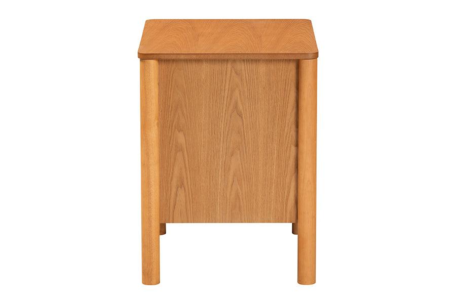 Baxton Studio Jenn Golden Brown Wood Japandi 2-Drawer Nightstand with Distressed-Finished Rattan FredCo